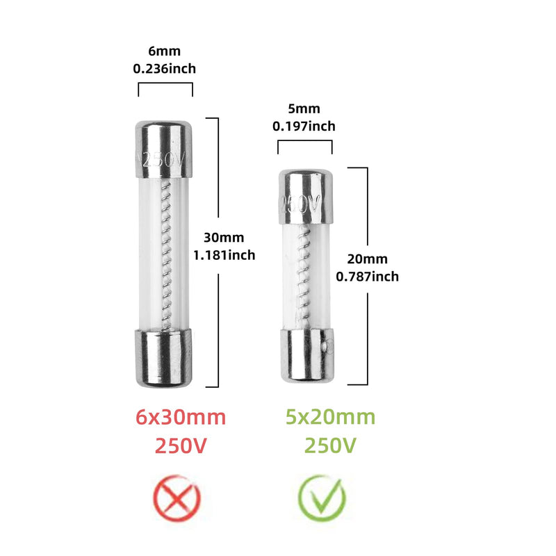 10Pcs T6.3AL250V 5x20mm 6.3A 250V Slow Blow Fuse T6.3AL Glass Slow-Acting Time-delay Fuse (3/16 in x 3/4 in)