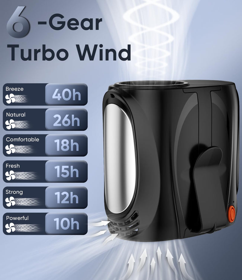 AI Portable Waist Fan, 6 Speeds 16000RPM Strong Turbo Airflow, 40H Max Cooling Battery Powered Personal Fan Rechargeable, Hands-Free Shirt/Belt/Neck Fan for Work, Outdoor, Travel, Gift for Men Black