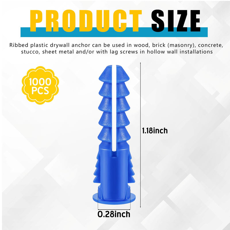 1000 Pcs #8-10-12 x 1-1/4 Inch Ribbed Lightweight Plastic Anchors Drywall Anchors for Hollow Walls Pictures Artwork Decor Light Duty Anchoring Application (Blue) 8-10-12 x 1-1/4 Inch Blue 1000