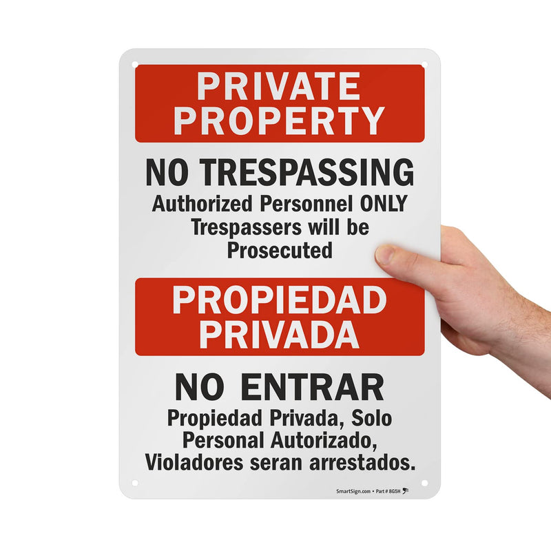 SmartSign "Private Property - No Trespassing" Bilingual Sign | 10" x 14" Aluminum 14" x 10"