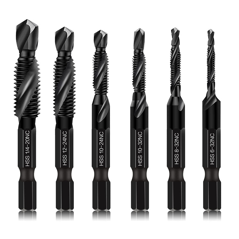 6 Packs Combination Drill & Taps Bit Set, Screw Tapping in SAE Size 6-32nc 8-32nc 10-32nc 10-24nc 12-24nc 1/4-20nc with Anti-Rust Black Coating, 1/4” Hex Shank and Storage Case 6 Pcs Tap Set