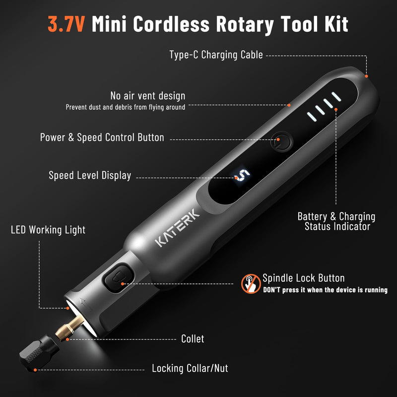 Katerk 3.7V Mini Cordless Rotary Tool, 5-Speed 70 Pcs Kit for Crafts DIY