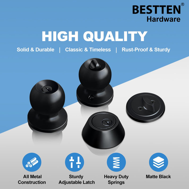 BESTTEN 2 Pack Keyed Same Exterior Door Knobs and Single Cylinder Deadbolts Combo Set, Keyed Alike Entry Door Knobs with Locks and Keys for Entrance and Front Door, Matte Black 2 PK Deadbolt Lockset