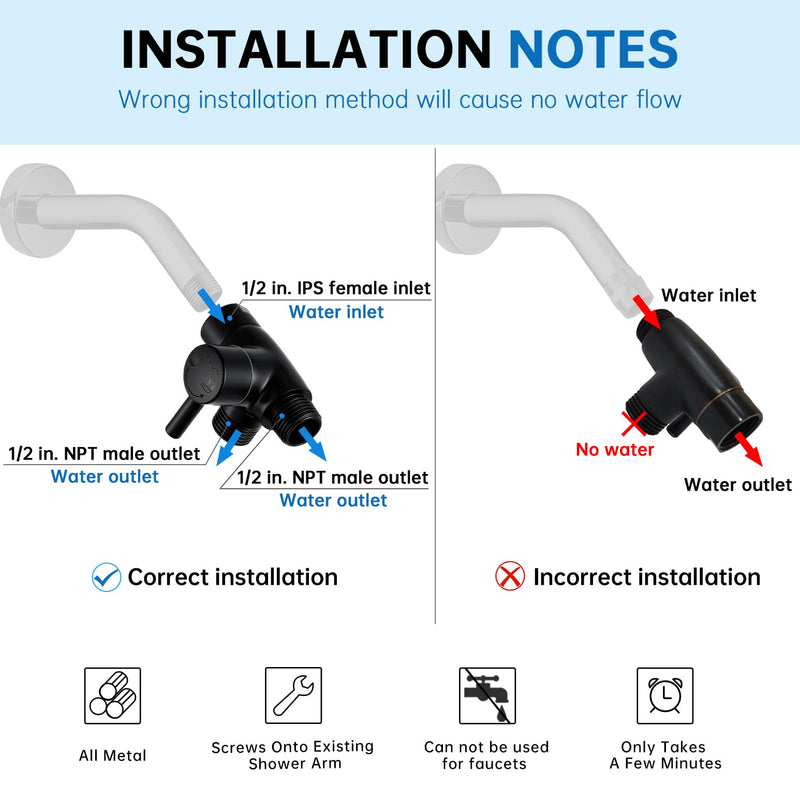 G-Promise Solid Metal Shower Arm Diverter for Hand Held Showerhead and Fixed Spray Head, G 1/2 3-Way Bathroom Universal Diverter System Replacement Part (Matte Black) Matte Black