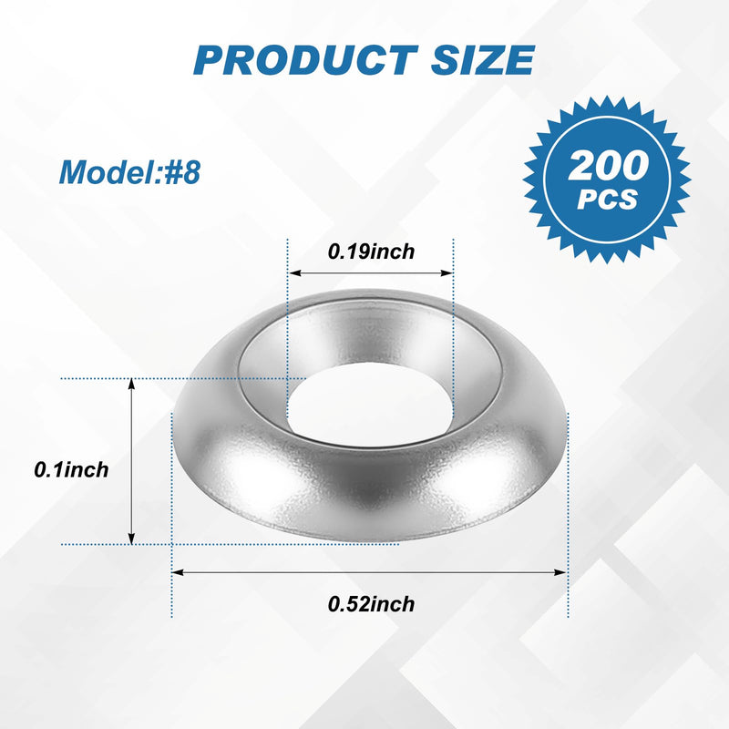 200 Qty #8 Countersunk Finish Washers 304 Stainless Steel Finishing Washers Cup, Silver 200