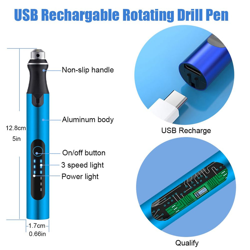 3-Speed Cordless Mini Drill Pen With 8 Small Drill Bits,Rechargeable Electric Hand Drill Pin Vise,Resin Drill Set For Jewelry Making,Resin,Plastic,Wood,Keychains DIY (BLUE) Blue
