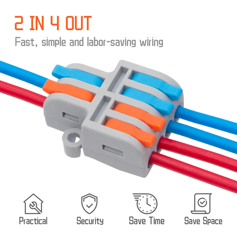 10Pcs Lever Wire Connectors, 2 in 4 Out Quick Wiring Cable Compact Electrical Connector for 24-12 AWG