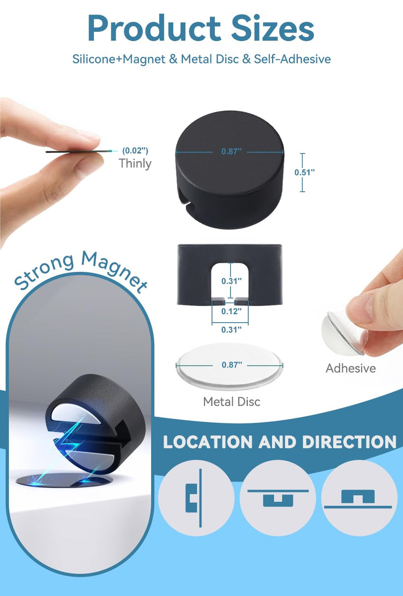 Maveek Magnetic Cord Clips Black, Silicone Cord Organizer Magnet Cable Holder Charging Cable Management Cord Keeper with Adhesive Metal Disc (5 Piece, Large Size)
