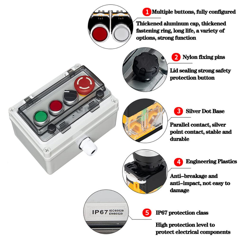 Push Button Box Ip67 with Emergency Stop Button Red Green Momentary Push Button Button Selector Rotary Switch with Protective Cover Anti-Misoperation Switch Single-row four-hole button box