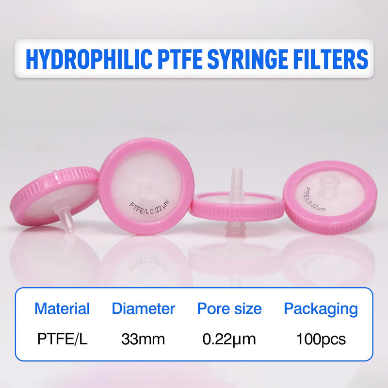 Syringe Filters Hydrophilic PTFE 33 mm 0.22 um,100pcs