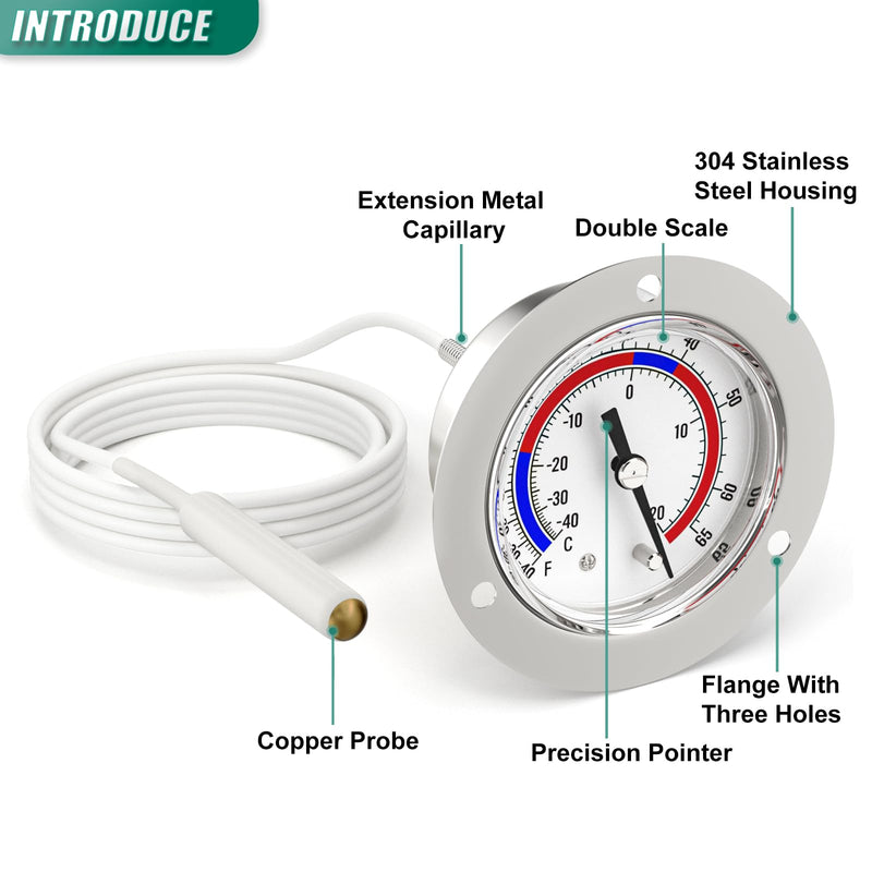 2PCS -40 to 65 ℉ / -40 to 20℃ Capillary Design Refrigeration Thermometer, Stainless Steel Flanged Panel Mount, 2" Dial Size, 48" Capillary Length, Cold Storage, Display Cabinet, Freezer