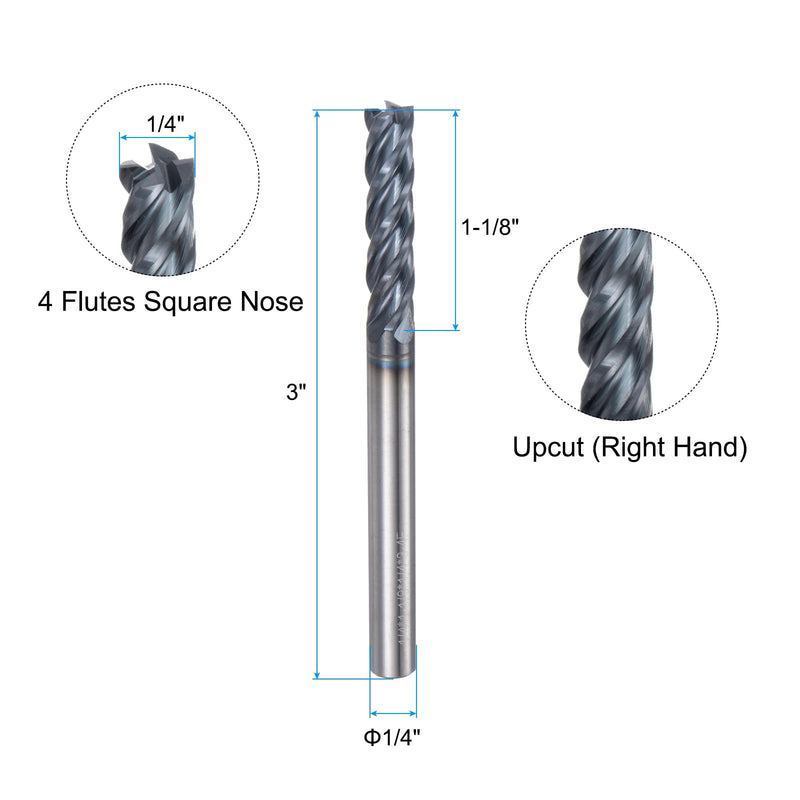 uxcell Carbide Square End Mill, 1/4" Diameter TiAlN Coated 4 Flutes Milling Bit Cutter, for Hardened Steel Stainless Steel Alloy Metal, 1/4" Shank 1-1/8" Cut Length 3" Long HRC50