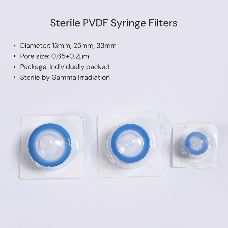 10 pcs/PK Sterile Syringe Filter Double-Layer Hydrophilic PVDF Membrane 0.2μm Lab Filters 33mm Diameter Individually Packed, Blue 33mm, 0.2μm 10pcs