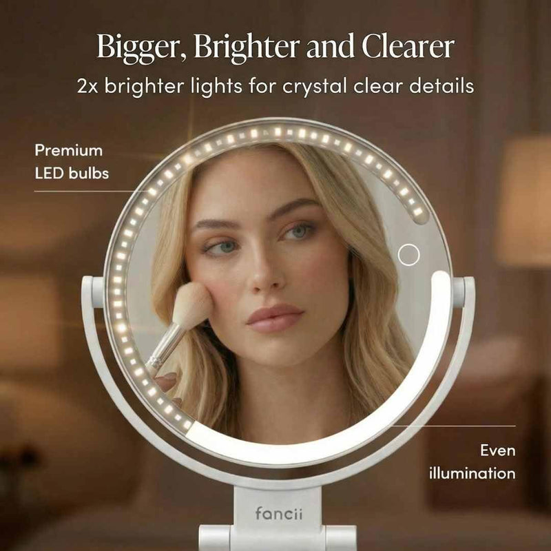 Fancii Travel Magnifying Mirror 10x /1x with Lights, Rechargeable | 9-Inch Extra Large LED Lighted Makeup Mirror, Folding Double Sided Portable Vanity Mirror, 3 Light Settings, Touch Sensor (Sadie)