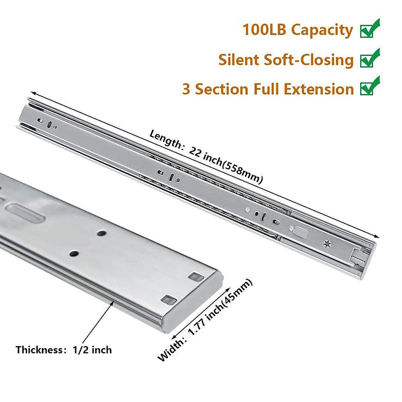 LONTAN 1 Pair 22 Inch Side/Rear Mount Soft Close Drawer Slides Full Extension 3 FOLD Drawer Glides - 4502S3-22 Drawer Slides Bottom Mount Heavy Duty 100 LB Drawer Runners with Rear Mounting Brackets soft close-22inch 1 Pair+ Brackets