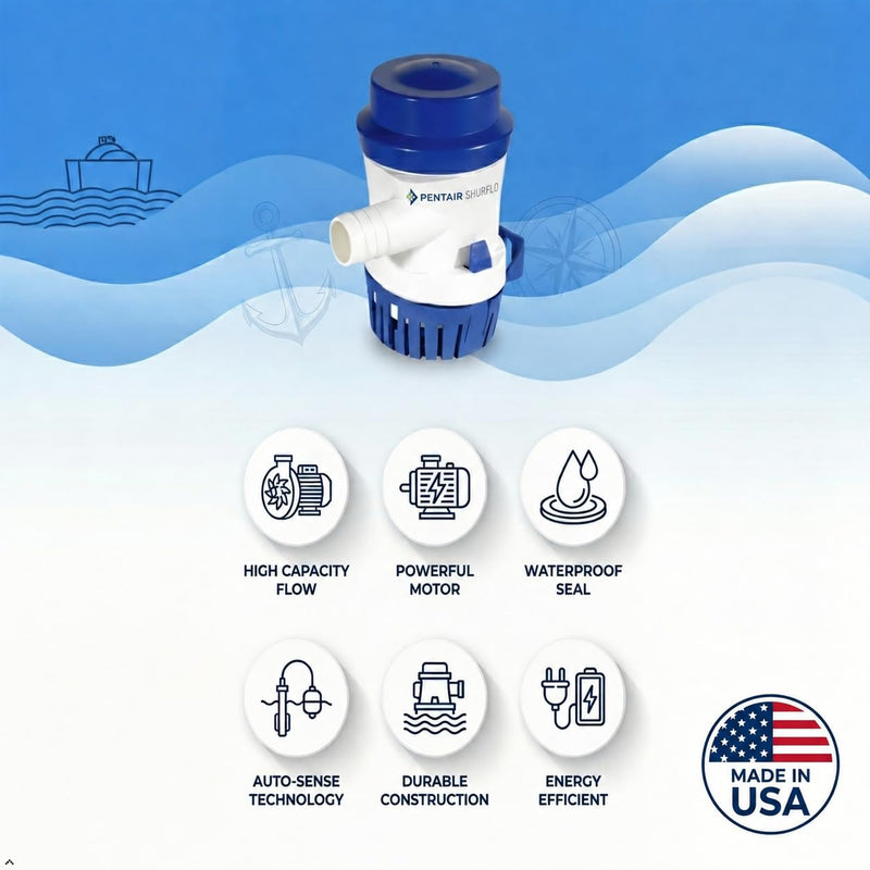PENTAIR SHURFLO 355-010-10 Marine Bilge Pump, 500 GPH Submersible Marine Pump, Anti-Airlock, ABS Housing, Nylon Impeller, Ignition Protected, 12V DC, CE Certified