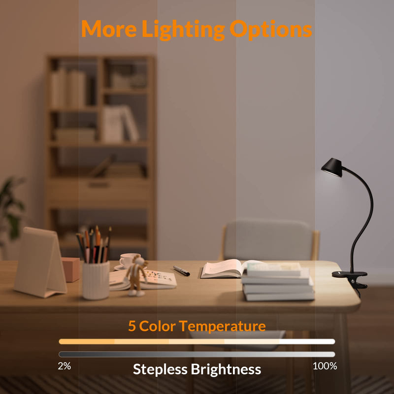 LEPOWER Clip on Light, Dimmable Book Light for Reading in Bed, 300LM Clip on Lamp, 5 Color Temperatures Clamp Light, Night Light Mode, Timer Setting, 2%-100% Brightness, for Bed, Headboard, Black