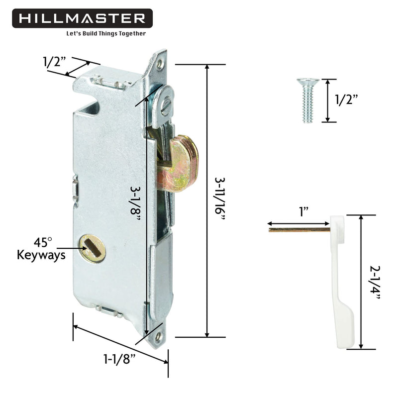 Patio Door Handle Set with Mortise Lock 45° for Replacement Mortise Style Reversible Design Non-keyed Sliding Patio Glass Door Handles, Fits 3-15/16” Screw Hole Spacing White Finish Handle Set + Mortise Lock