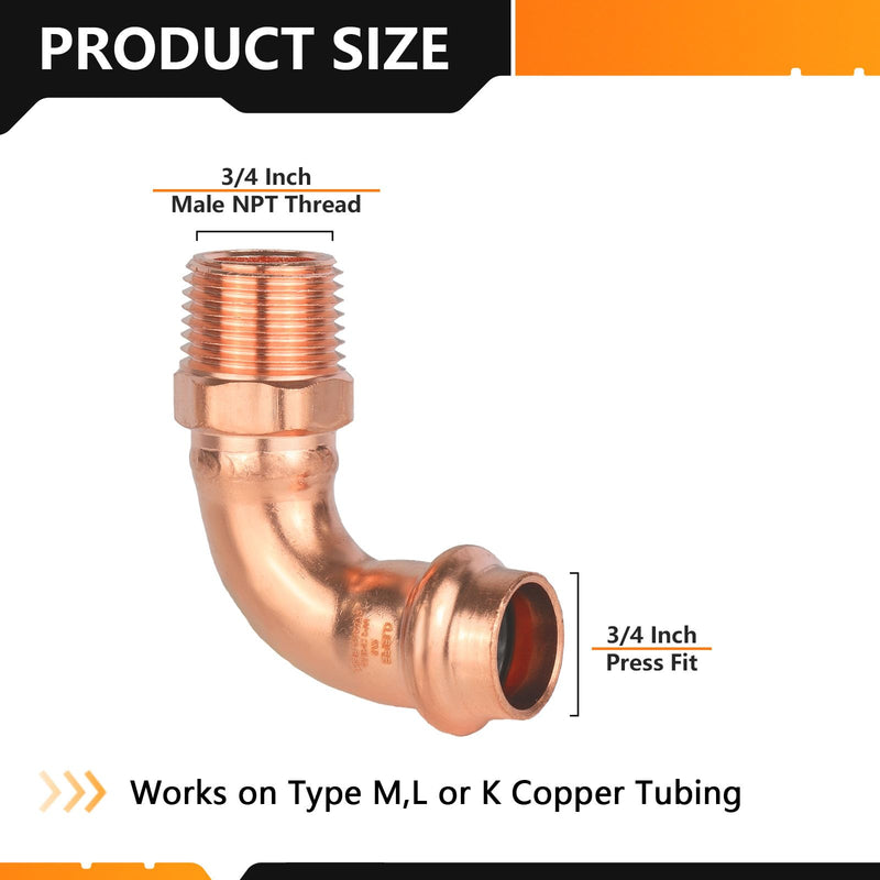 2PC HeSun 3/4" Copper Press x 3/4" Male NPT Elbow(PRESS083-2) 2 3/4" Press X 3/4" Male