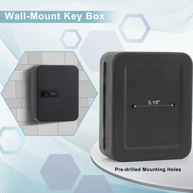 KYODOLED 20 Key Storage Lock Box with Code, Key Cabinet Organizer Wall Mount with Combination Lock, Hooks & Labels for Home, Office & Rental Properties, 7.87 x 6.3 x 3.14 in, Black Black With Combination Lock