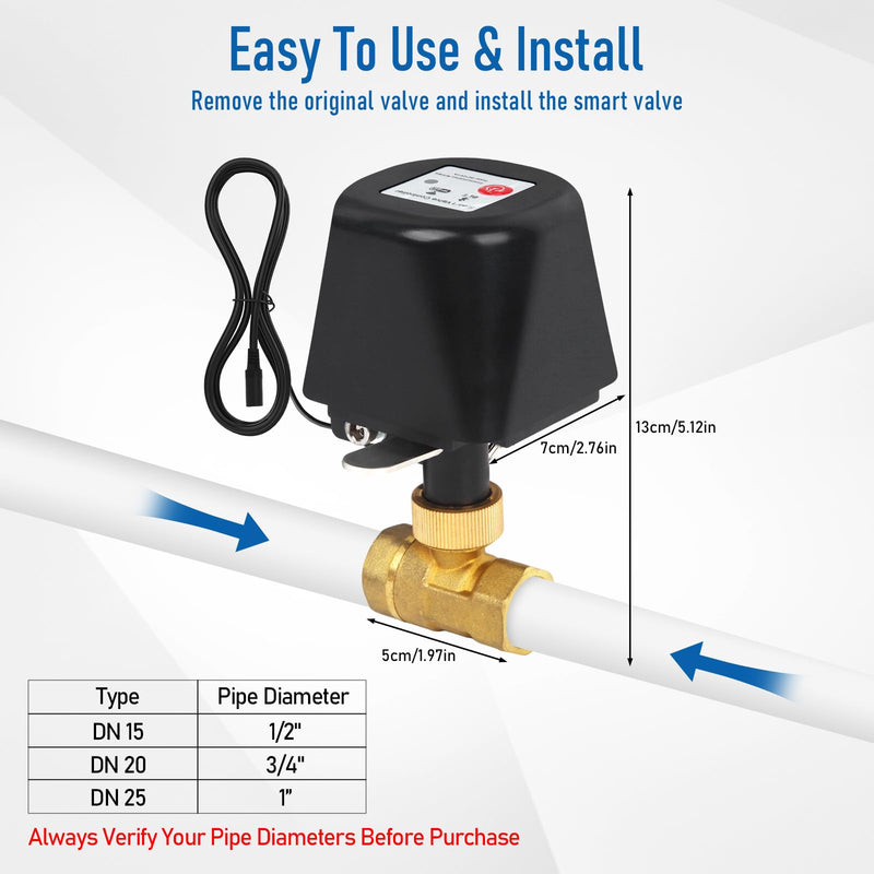 Smart Motorized Ball Valve, WiFi Shutoff Water Valve, Smart App Control, 4 Timer Modes, Supports 2.4 GHz WiFi Only, Various Sizes, Brass Valve, G-Thread 1/2" Valve Black G-Thread DN15-1/2"