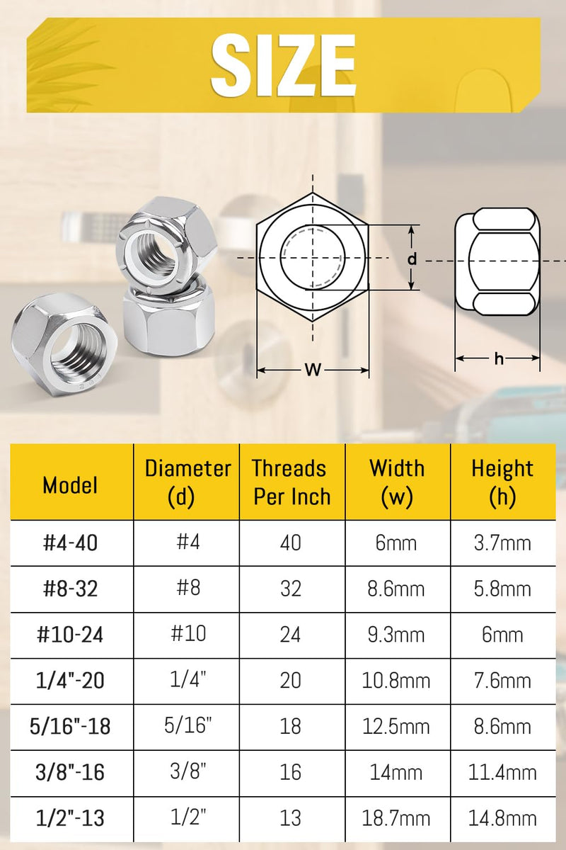 100Pcs 1/4"-20 Nylon Insert Hex Lock Nuts A2 304 Stainless Steel Self Locking Nuts for Industrial Construction Fasteners 100