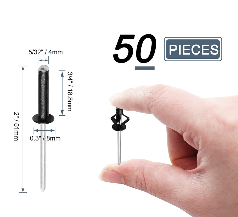 5/32" x 3/4" Tri Grip Rivets Assortment - 50Pcs, Black Trifold Exploding Pop Rivets Aluminum Trifold Trivets Big Head Pop Rivets for Marine Boat Kyaka 5/32" x 3/4"
