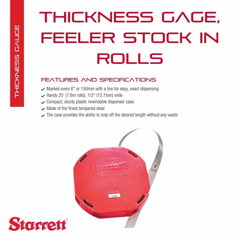 Starrett Tempered Steel Thickness Gauge or Feeler Stock in Rolls with Dispenser Case - Ideal for Carpenters and Home Improvement - 25' x 1/2" Size of Leaves, .005" Thickness - 666-5 0.005" Thickness
