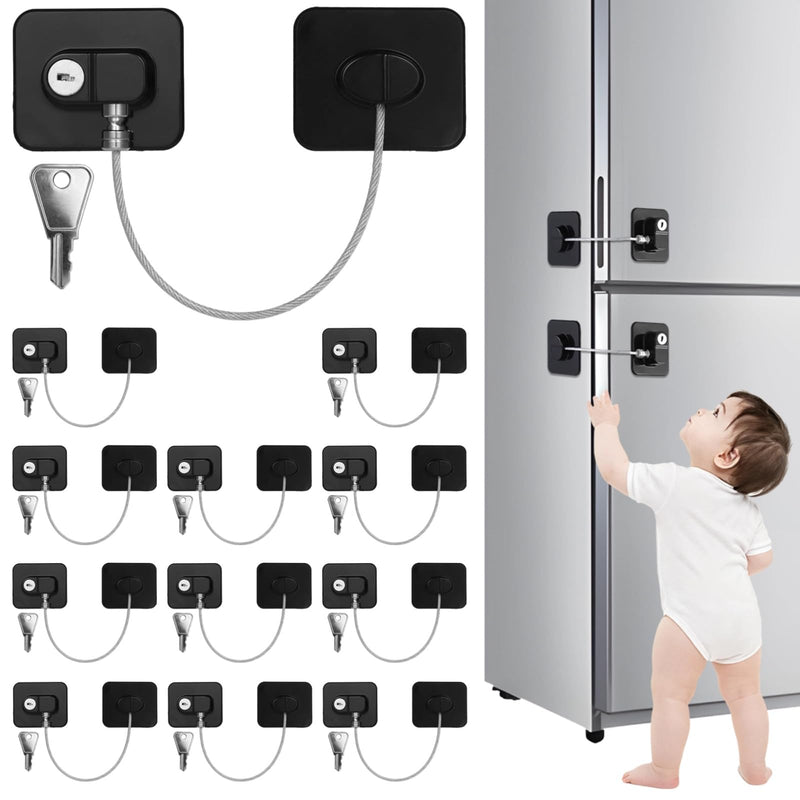 12 PCS Refrigerator Lock with 12 Keys, Adhesive Fridge Locks with Steel Wire, Safety Locks for Freezer, Cabinet, File Drawer, Closet, Kitchen Appliance, Furniture(Black Black