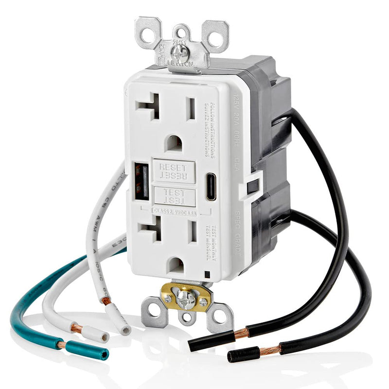 Leviton GUAC2-W 20A SmartlockPro Self-Test GFCI Combination with Type A & Type-C USB in-Wall, USB Charger for Smartphones and Tablets Type A/C USB w/GFCI White