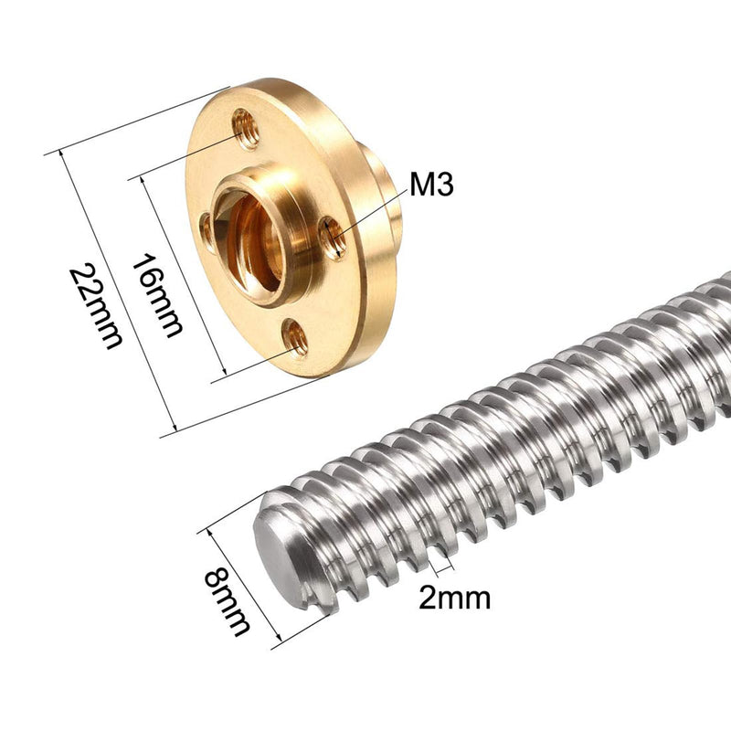 TOP-VIGOR T8 Threaded Rod Lead Screws, 350mm Length 8mm Diameter 12 Lead Stainless Steel Lead Screw Rod with Copper Nut Trapezoidal Thread for 3D Printer Stepper Motor 1 350mm, 12 Lead