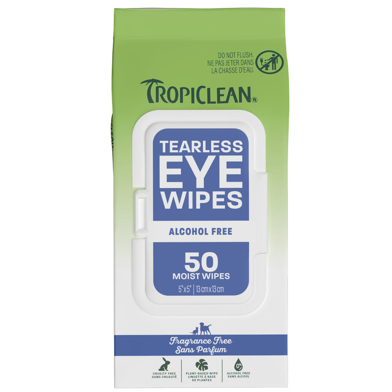 TropiClean Tearless Dog Eye Wipes, Dermatologist Approved Tear Stain Remover for Dogs & Cats, Gentle & Safe for Daily Use, Made in USA, 50ct.