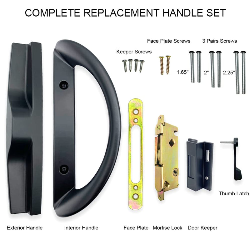 Patio Sliding Door Handle Set with Mortise Lock, Face Plate and Keeper, Replacement Handle Lock Set Fits Door Thickness from 1-1/2" to 1-3/4", 3-15/16" Screw Hole Spacing, Non-keyed, Black no Key
