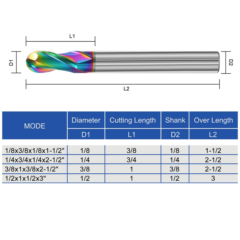 1/2" Solid Carbide Ball Nose End Mill 2Flute DLC Coated HRC55 CNC Milling Cutter Bits for Copper & Aluminum Alloys 1/2 in