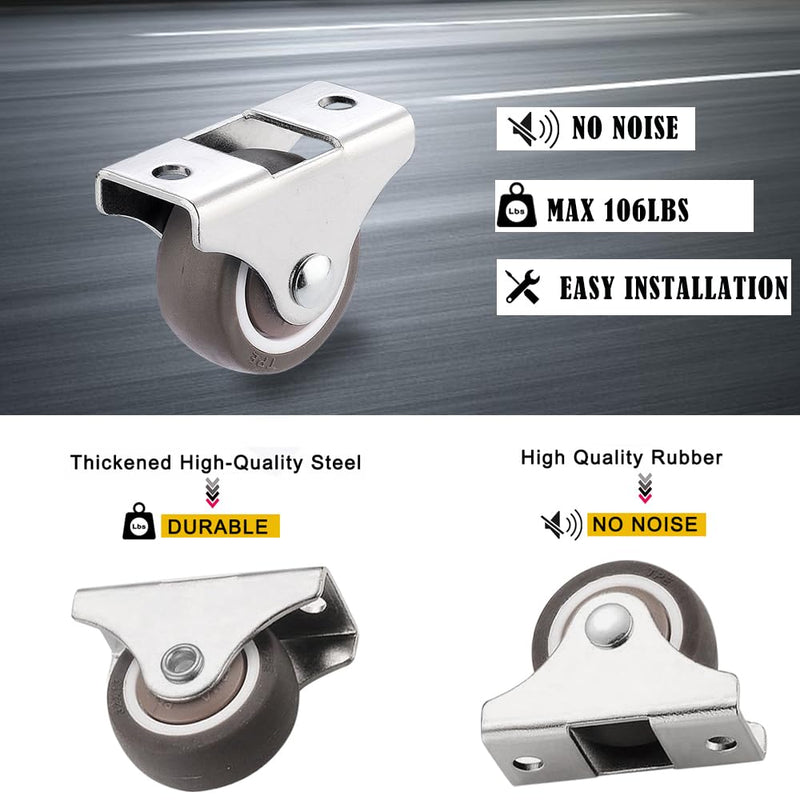 4Pcs Mini Rigid Caster Wheels 1 Inch, Low Profile Rubber Rolling Wheels with Steel Top Plate, Little Casters Wheels for Furniture, Under Bed Storage Drawers, Load Capacity 106 Lbs,Non Swivel 4 1 Inch Wheel