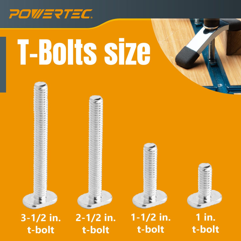 POWERTEC 72030 T Track Knob Kit w/T Slot Router Bit (5/8" Dia. x 3/16" H x 1/4" Shank), Threaded Knobs and 5/16”-18 T Slot Bolts Set, 16-pc T Track Accessories for Woodworking Jigs and Fixtures