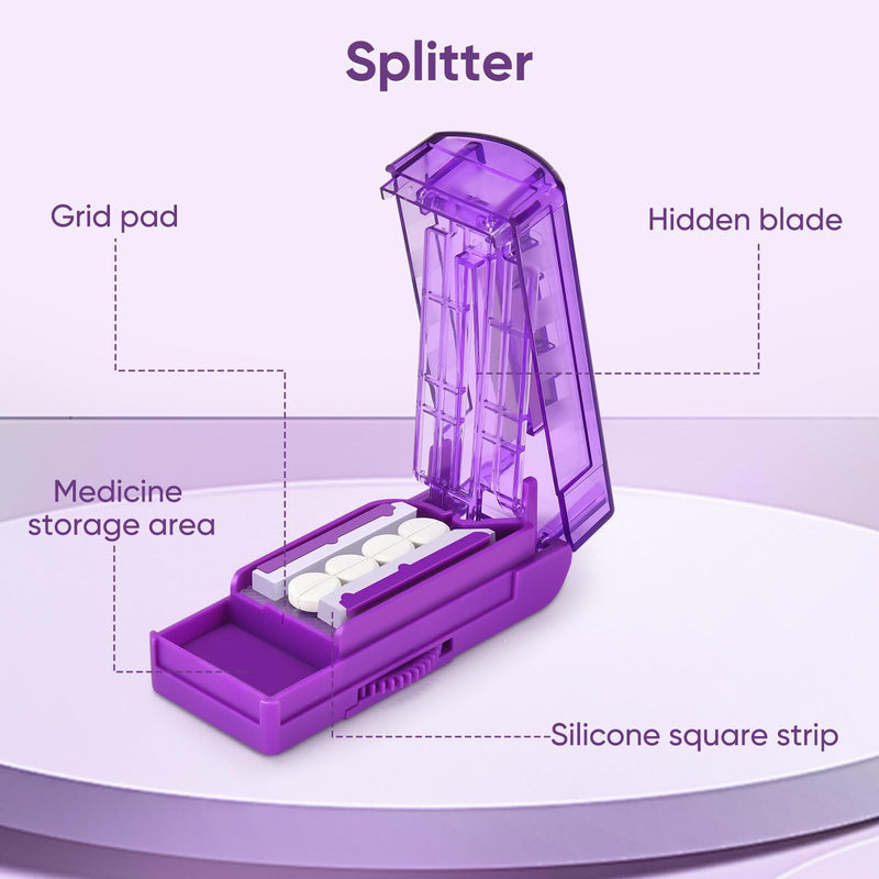 Multiple Pill Cutter for Small or Large Pills, Adjustable Pill Splitter for Multi Tablets, Stainless Steel Cutting Blade and Blade Guard (Purple) Purple