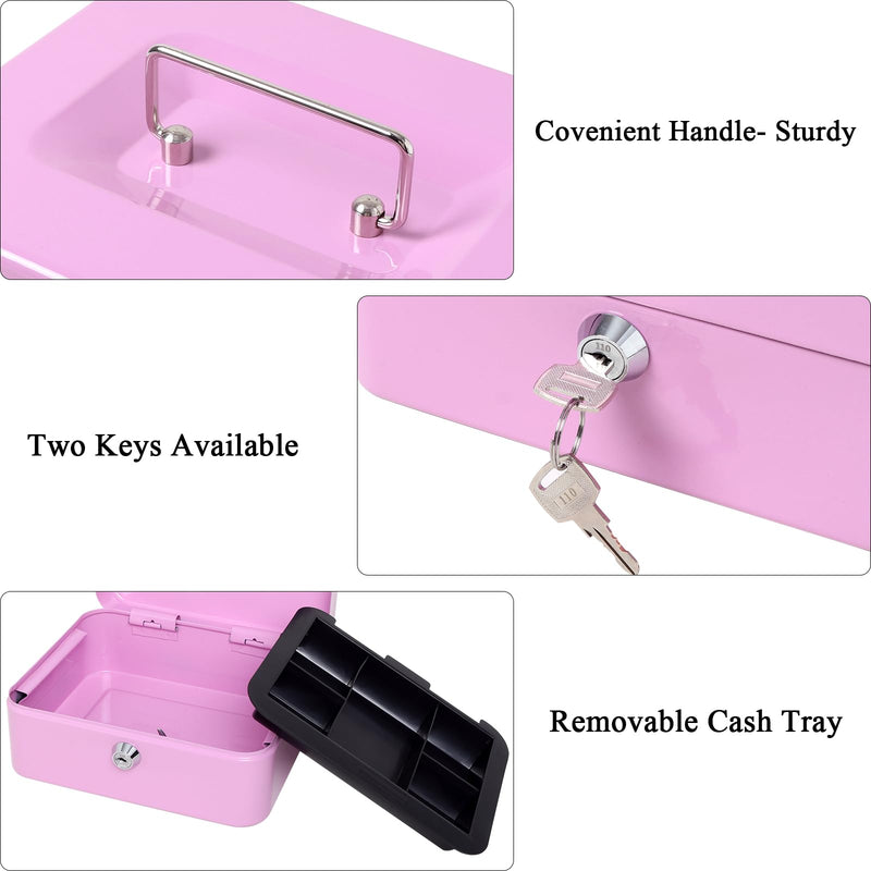Jssmst Cash Box with Key Lock - Durable Metal Cash Box with Money Tray, Light Purple, Medium