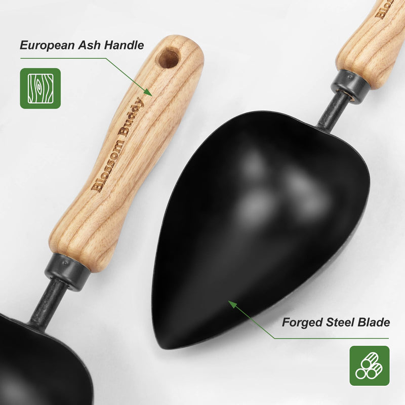 Garden Hand Scoop, Black Stainless Steel with Wood Handle, Traditional Style Heart-Shaped Planting Spade
