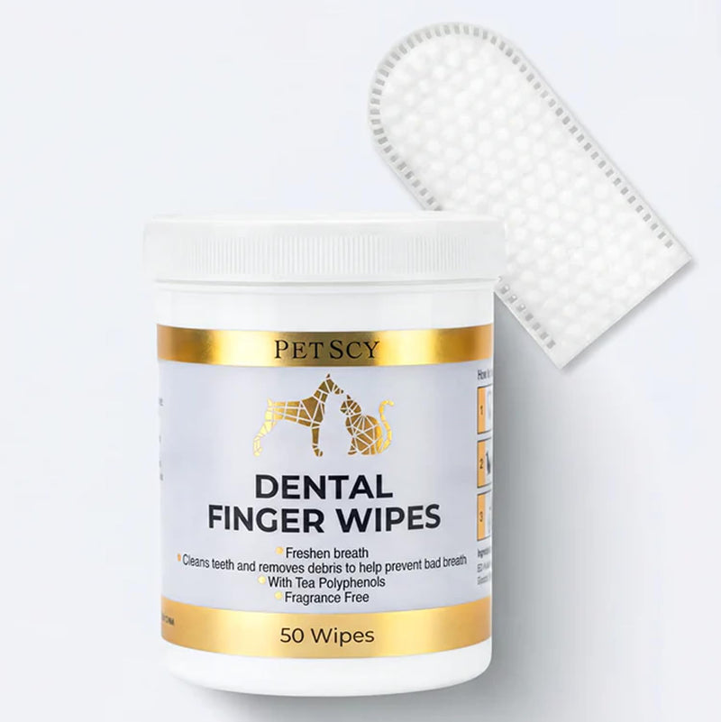 Petscy Dental Finger Wipes for Dogs and Cats – No Brush Teeth Cleaning Wipes for Fresh Breath & Oral Care – Green Tea & Tea Polyphenols – Fragrance-Free Pet Oral Cleansing - 50 Wipes