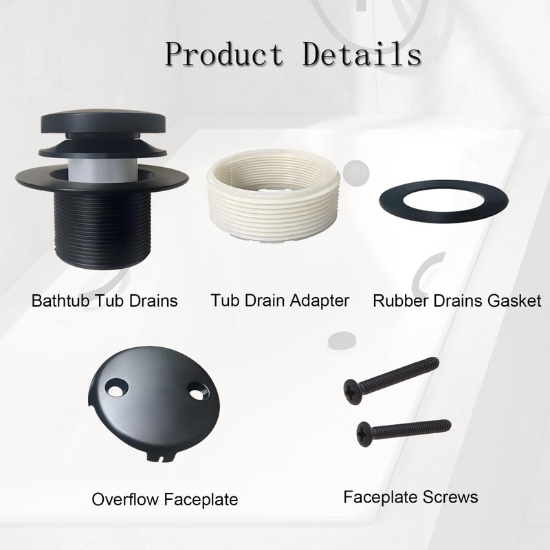 Universal Matte Black Tub Drain and Overflow Kit - Complete 2-Hole Tip-Toe Trim Set with Easy Installation & Fine/Coarse Threads