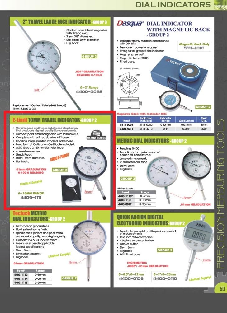 4409-1111 Shockproof Dial Indicator, 0-10 mm Range, 01 mm Graduation, 0-100-0 Reading, 0-10 mm Metric Dial Indicator