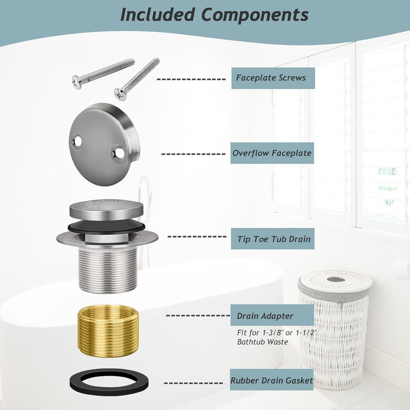 Tip-Toe Bathtub Drain Kit with Two-Hole Overflow Plate, Premium Quality Bath Tub Drain Replacement, Universal Fine/Coarse Thread Bathtub Stopper (Brushed Nickel) Brushed Nickel