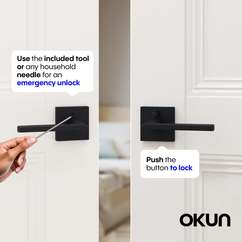 Okun Quadra 1-Pack Matte Black Privacy Door Levers – Push Button Lock, Reversible, Sleek Concealed-Mount Design for Bedroom & Bathroom 1 Pack