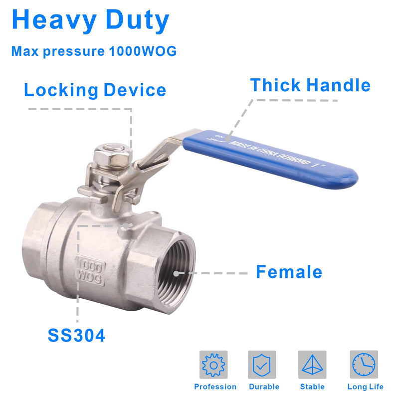 DERNORD Stainless Steel 304 Ball Valve, 2-Piece Full Port Heavy Duty for WOG with Locking Device (1 NPT) 1" NPT Pack of 1