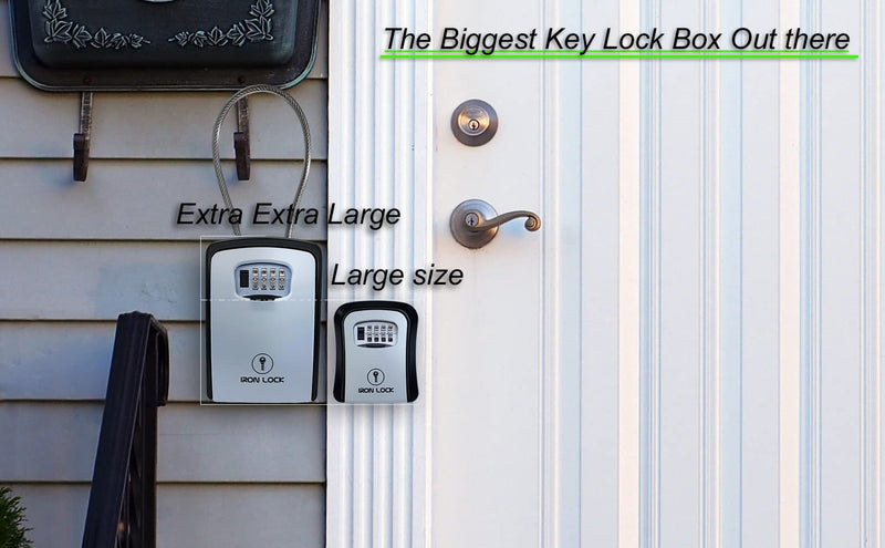 Iron Lock® Key Lock Box Portable with Cable Shackle & Wall Mount – Waterproof Heavy Duty Metal Lock Box for Keys with 4-Digit Combination Code on Door Knob, Fence, Pipe or Gate Extra Large (Grey, XXL) 2X-Large Portable Cable Grey