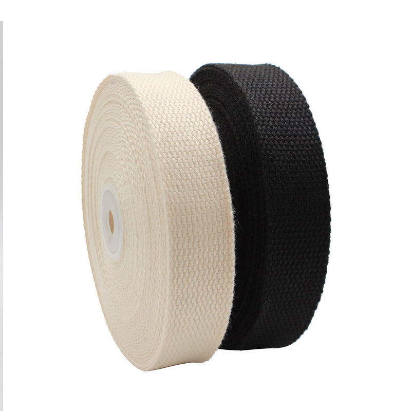 Cotton Webbing 1 Inch 2 Rolls/ 20 Yards Webbing Straps for Webbing Bag Handles, Bag Strap,Tote Bag Webbing,Cloth Belt,Arts and Crafts (Black, Natural) Black, Natural
