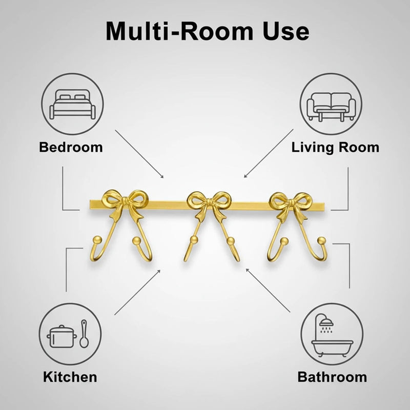Gold Bow Wall Mounted Coat Rack, Heavy Duty Metal Bow Wall Hooks with 6 Hooks, Decorative Entryway Organizer for Robes Towels Purses Keys Gold