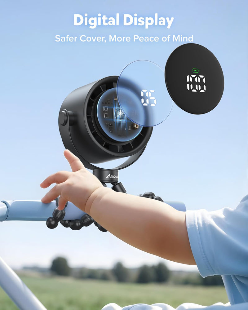 AMACOOL Baby Stroller Fan, Rechargeable Portable Clip on Fan, 17H Cooling with 5 Speeds, LED Display, 360°Rotate Personal Cooling Fans for Car Seat, Crib, Travel, Camping, Gifts for New Parents Black