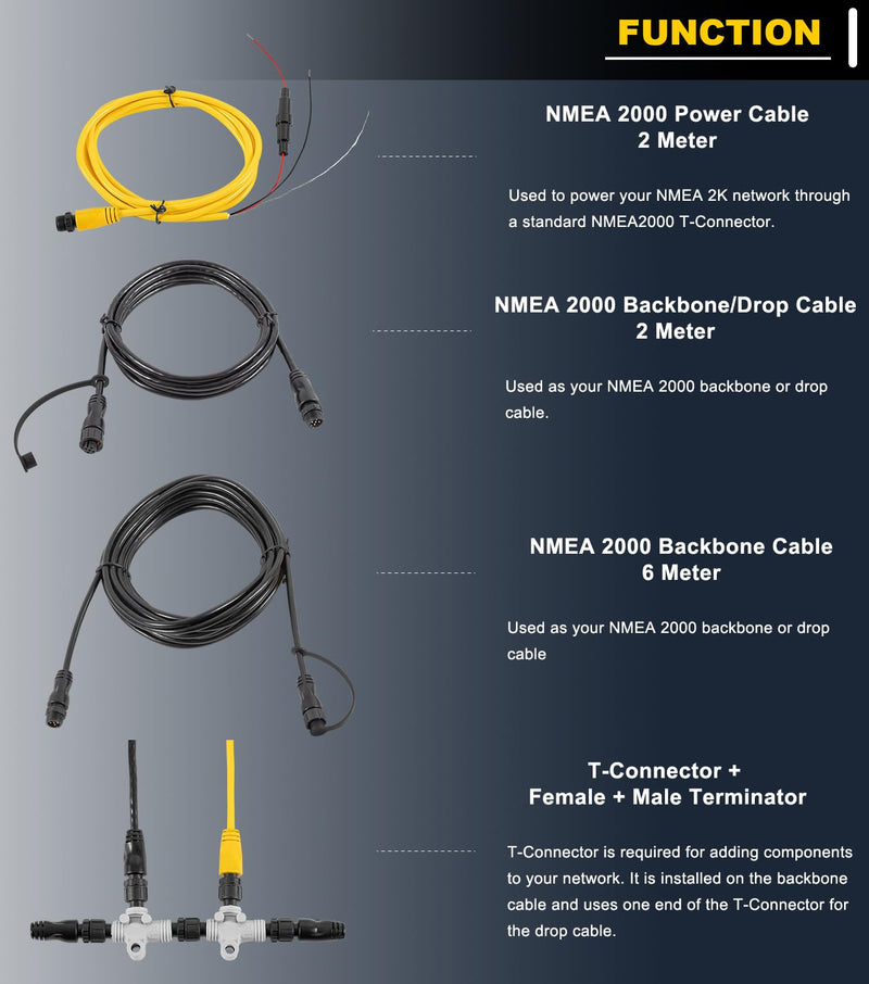 010-11442-00 NMEA 2000 Starter Kit for Garmin ECHOMAP Chirp, ECHOMAP Plus, NMEA 2000 Power Cable, Backbone Cable, Drop Cable with T-Connector and Female Male Terminator